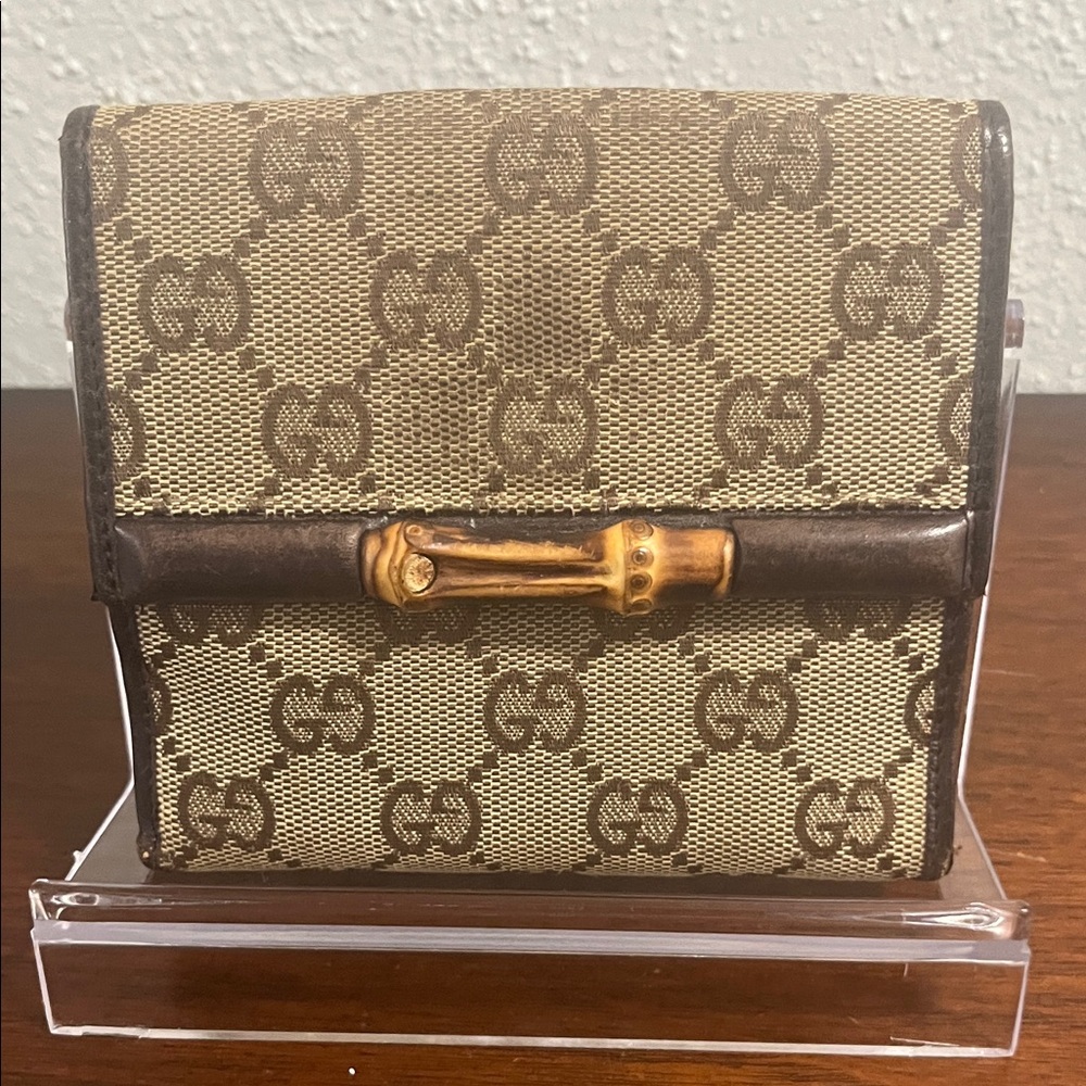 USED- Gucci Tan and Brown Wallet with Gold Bamboo Accent